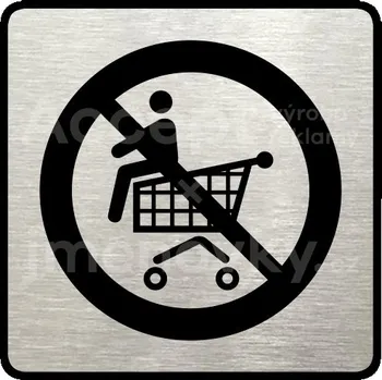 Informační tabulka Stříbrný piktogram "zákaz jízdy na nákupním vozíku" s černým&nbsp;textem a rámečkem&nbsp;-
