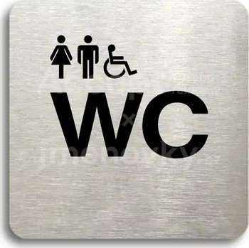 Informační tabulka Stříbrný piktogram "WC ženy, muži, invalidé" s černým&nbsp;textem bez rámečku -