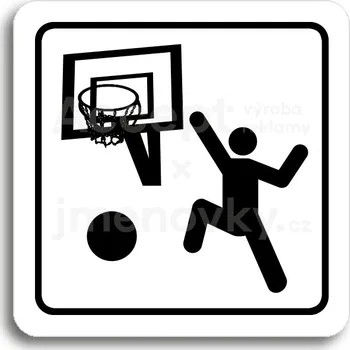 Informační tabulka Bílý piktogram "tělocvična II" s černým textem a rámečkem -