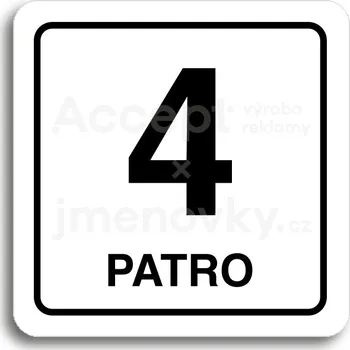 Informační tabulka Bílý piktogram "4 patro" s černým textem a rámečkem -