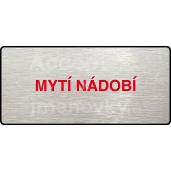 Informační tabulka Stříbrný&nbsp;piktogram "MYTÍ NÁDOBÍ" s červeným textem a rámečkem&nbsp;-