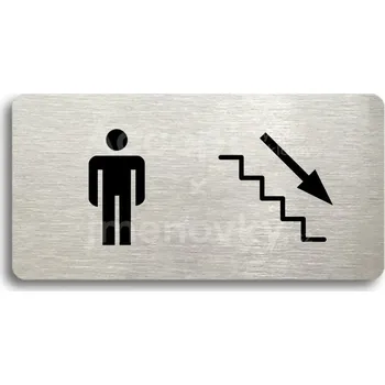Informační tabulka Stříbrný piktogram "WC MUŽI VPRAVO DOLŮ" s černým&nbsp;textem bez rámečku -