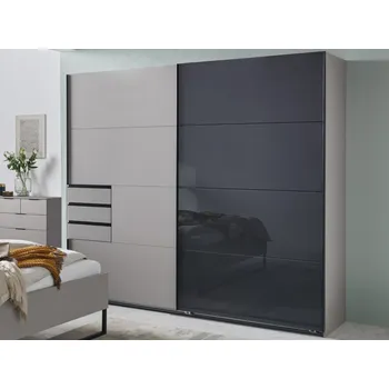 Šatní skříň Šatní skříň se zásuvkami Tilburg, 225 cm, šedá sahara/černé sklo