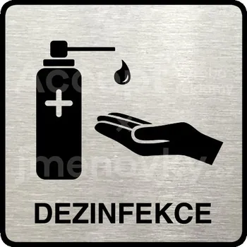 Značení Stříbrný piktogram "dezinfekce II" s černým textem a rámečkem -