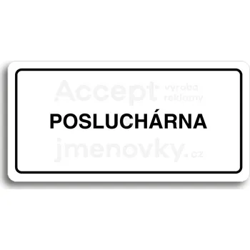 Informační tabulka Bílý piktogram "POSLUCHÁRNA" s černým textem a rámečkem -