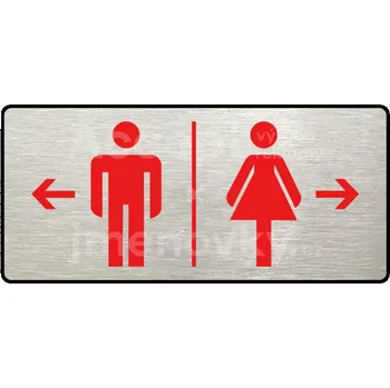 Informační tabulka Stříbrný piktogram "WC MUŽI VLEVO, WC ŽENY VPRAVO" s červeným textem a rámečkem -