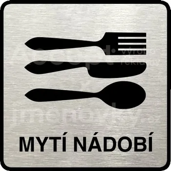 Značení Stříbrný piktogram "mytí nádobí" s černým&nbsp;textem a rámečkem&nbsp;-