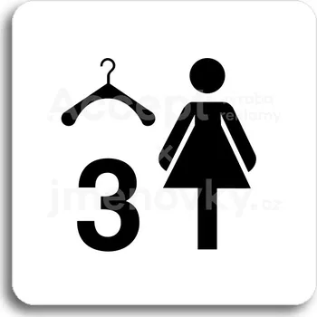 Informační tabulka Bílý piktogram "šatna ženy 3" s černým textem bez rámečku -