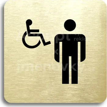 Informační tabulka Zlatý piktogram "WC muži, invalidé" s černým textem bez rámečku -