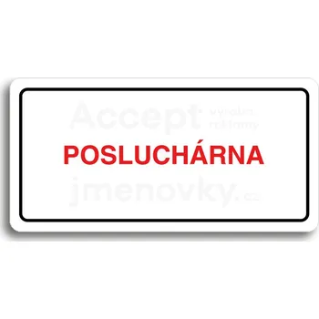 Informační tabulka Bílý piktogram "POSLUCHÁRNA" s červeným textem a rámečkem -