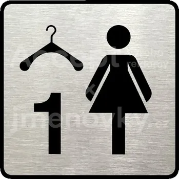 Značení Stříbrný piktogram "šatna ženy 1" s černým&nbsp;textem a rámečkem&nbsp;-