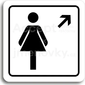 Informační tabulka Bílý piktogram "WC ženy vpravo nahoru" s černým textem a rámečkem&nbsp;-
