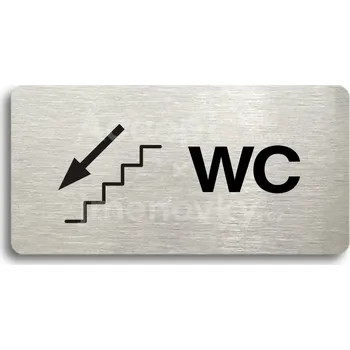 Informační tabulka Stříbrný piktogram "WC VLEVO DOLŮ" s černým&nbsp;textem bez rámečku -