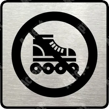 Informační tabulka Stříbrný piktogram "zákaz jízdy na kolečkových bruslích" s černým textem a rámečkem - 80 x 80 mm