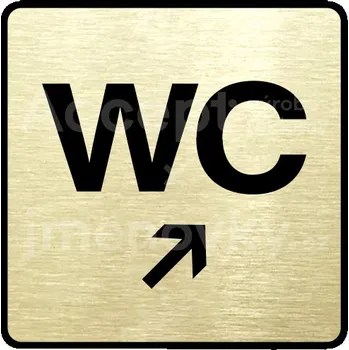 Informační tabulka Zlatý piktogram "WC vpravo nahoru" s černým textem a rámečkem -