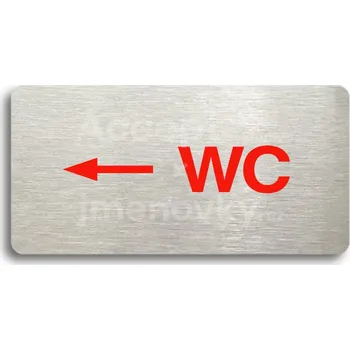 Informační tabulka Stříbrný&nbsp;piktogram "WC VLEVO" s červeným textem bez rámečku&nbsp;-