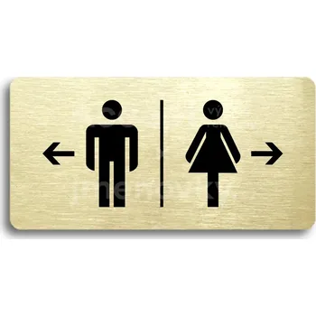 Informační tabulka Zlatý piktogram "WC MUŽI VLEVO, WC ŽENY VPRAVO" s černým textem bez rámečku -