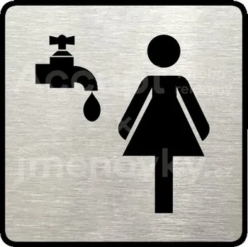 Informační tabulka Stříbrný piktogram "umývárna ženy" s černým textem a rámečkem -