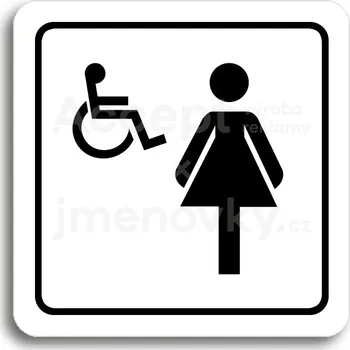 Informační tabulka Bílý piktogram "WC ženy, invalidé" s černým textem a rámečkem - 80 x 80 mm