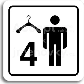 Informační tabulka Bílý piktogram "šatna muži 4" s černým textem a rámečkem - 80 x 80 mm