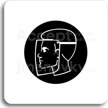 Informační tabulka Bílý piktogram "ochranný štít" s černým textem bez rámečku -