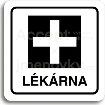 Informační tabulka Bílý piktogram "lékárna" s černým textem a rámečkem&nbsp;-