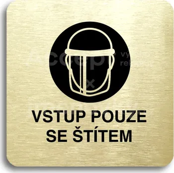 Informační tabulka Zlatý piktogram "vstup pouze se štítem IV" s černým&nbsp;textem bez rámečku&nbsp;-