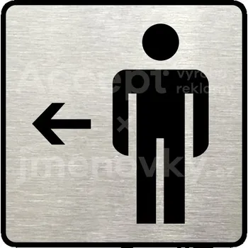 Informační tabulka Stříbrný piktogram "WC muži vlevo" s černým&nbsp;textem a rámečkem&nbsp;-