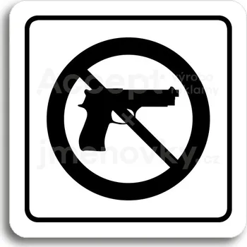 Informační tabulka Bílý piktogram "zákaz vstupu se zbraní" s černým textem a rámečkem&nbsp;-