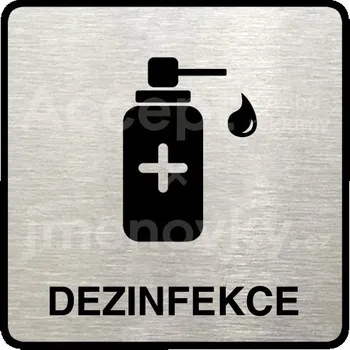 Informační tabulka Stříbrný piktogram "dezinfekce V" s černým&nbsp;textem a rámečkem&nbsp;-