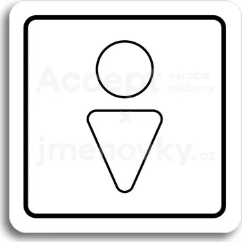 Informační tabulka Bílý piktogram "WC muži III" s černým textem a rámečkem -