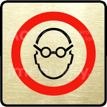 Informační tabulka Zlatý piktogram "použij ochranu zraku" s červeným textem a rámečkem - 80 x 80 mm