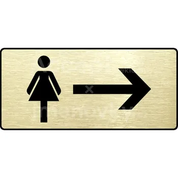 Značení Zlatý piktogram "WC ŽENY VPRAVO" s černým&nbsp;textem a rámečkem&nbsp;-