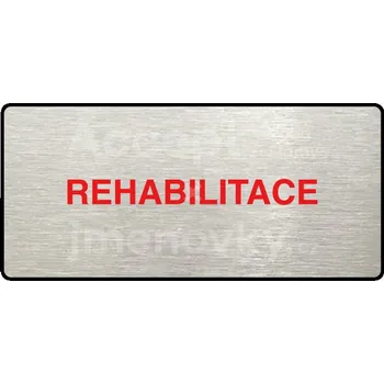 Informační tabulka Stříbrný&nbsp;piktogram "REHABILITACE" s červeným textem a rámečkem&nbsp;-
