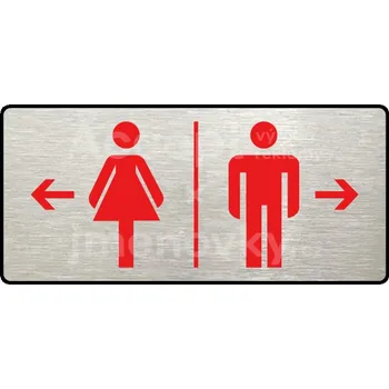 Informační tabulka Stříbrný&nbsp;piktogram "WC ŽENY VLEVO, WC MUŽI VPRAVO" s červeným textem a rámečkem&nbsp;-