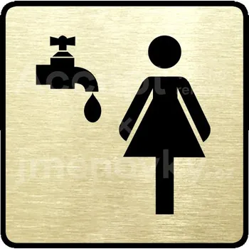 Informační tabulka Zlatý piktogram "umývárna ženy" s černým&nbsp;textem a rámečkem&nbsp;-