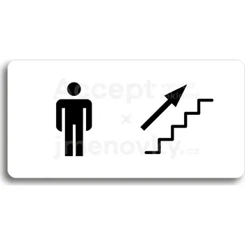 Informační tabulka Bílý piktogram "WC MUŽI VPRAVO NAHORU" s černým textem bez rámečku&nbsp;-
