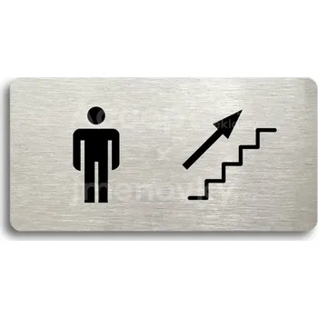 Informační tabulka Stříbrný piktogram "WC MUŽI VPRAVO NAHORU" s černým&nbsp;textem bez rámečku -