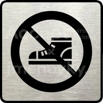 Informační tabulka Stříbrný piktogram "zákaz vstupu v obuvi" s černým&nbsp;textem a rámečkem&nbsp;-