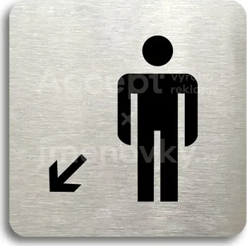 Informační tabulka Stříbrný piktogram "WC muži vlevo dolů" s černým&nbsp;textem bez rámečku -