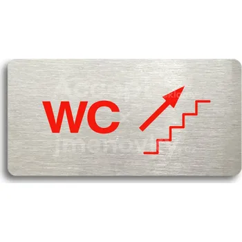Informační tabulka Stříbrný&nbsp;piktogram "WC VPRAVO NAHORU" s červeným textem bez rámečku&nbsp;-