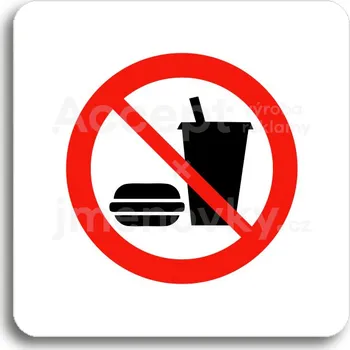 Informační tabulka Bílý piktogram "zákaz vstupu s občerstvením" s červeným textem bez rámečku&nbsp;-