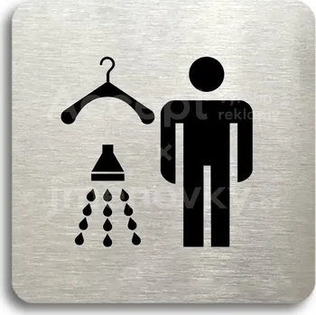 Informační tabulka Stříbrný piktogram "šatna se sprchou muži" s černým textem bez rámečku -