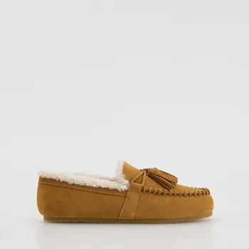 Dámské mokasíny Reserved - Semišové mokasíny s kožíškem - béžová - 017FF-80X - 017FF-80X-36