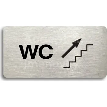 Informační tabulka Stříbrný piktogram "WC VPRAVO NAHORU" s černým&nbsp;textem bez rámečku -