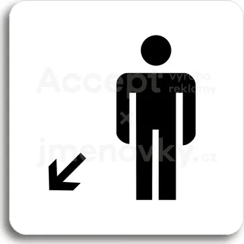 Informační tabulka Bílý piktogram "WC muži vlevo dolů" s černým textem bez rámečku - 80 x 80 mm