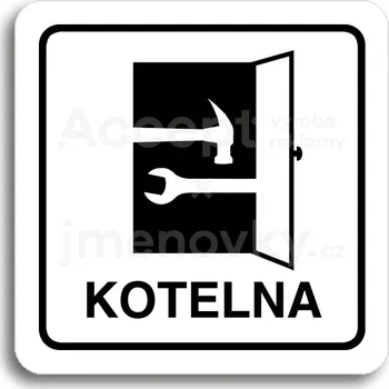 Značení Bílý piktogram "kotelna" s černým textem a rámečkem -