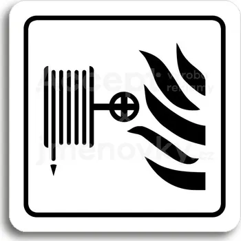 Informační tabulka Bílý piktogram "požární hadice" s černým textem a rámečkem -