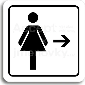 Informační tabulka Bílý piktogram "WC ženy vpravo" s černým textem a rámečkem -