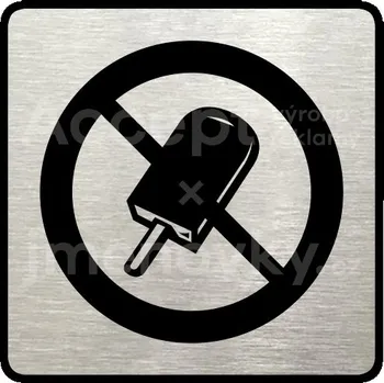 Informační tabulka Stříbrný piktogram "zákaz vstupu se zmrzlinou" s černým&nbsp;textem a rámečkem&nbsp;-